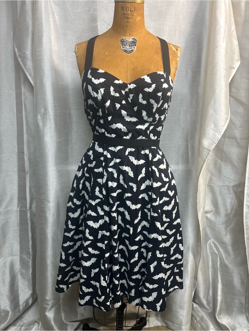 Cosmic Aura Bat Print Skater Dress Black White Halloween Goth Small